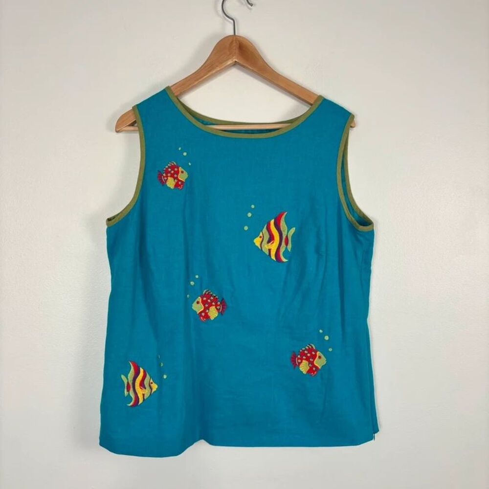 VTG Ultra Dress Womens 14W Tank Top Blue Linen Blend Embroidered Tropical Fish